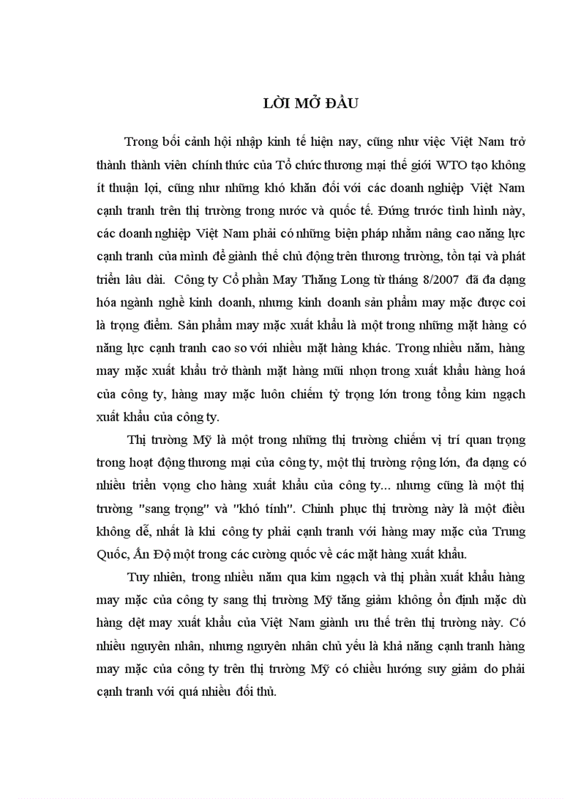 Nâng cao năng lực cạnh tranh của sản phẩm may mặc xuất khẩu của Công ty Cổ phần May Thăng Long trên thị trường Mỹ