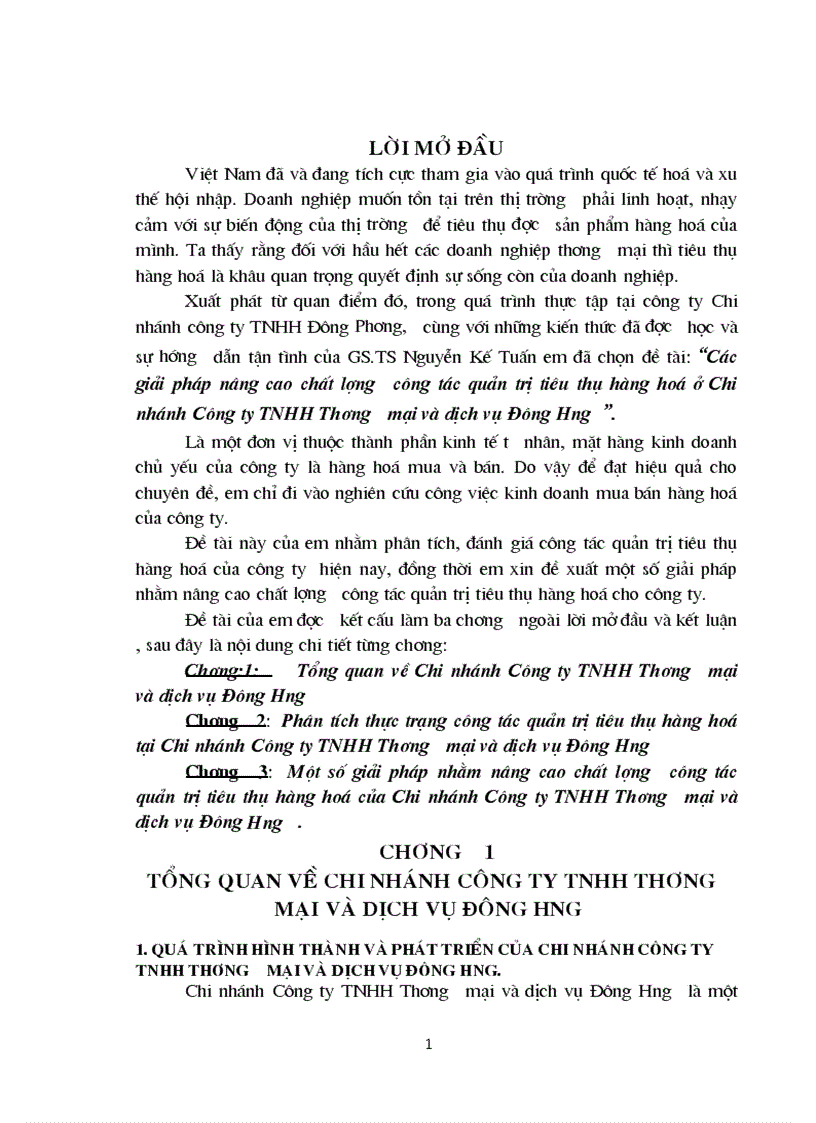 Các giải pháp nâng cao chất lượng công tác quản trị tiêu thụ hàng hóa  Chi nhánh Công ty TNHH Thương mại và dịch vụ Đông Hưng