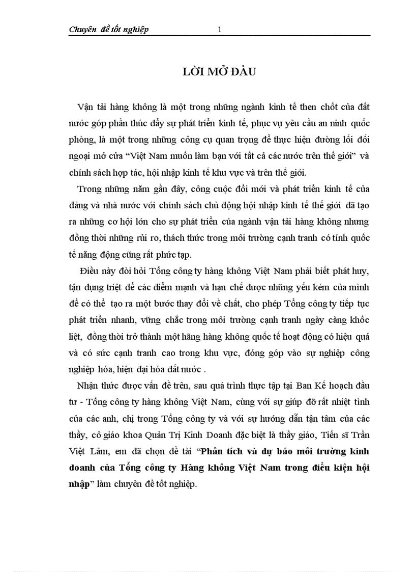 Phân tích và dự báo môi trường kinh doanh của Tổng công ty Hàng không Việt Nam trong điều kiện hội nhập