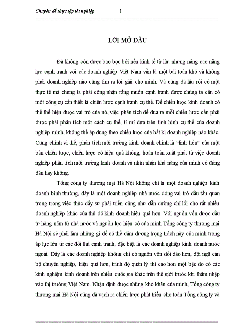 Phân tích môi trường kinh doanh trong xây dựng chiến lược kinh doanh hệ thống bán lẻ của Tổng công ty Thương mại Hà Nội đến năm 2015