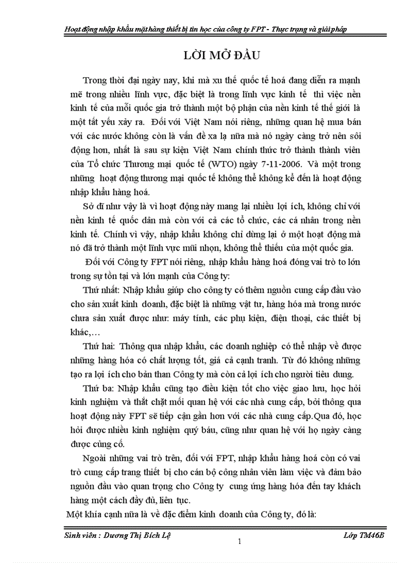 Hoạt động nhập khẩu mặt hàng thiết bị tin học của Công ty FPT - Thực trạng và giải pháp