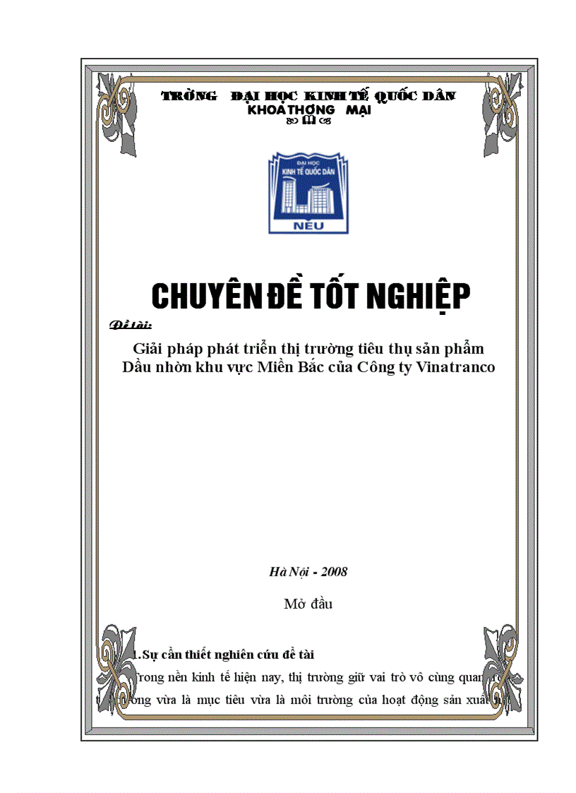 Giải pháp phát triển thị trường tiêu thụ sản phẩm Dầu nhờn khu vực Miền Bắc của Công ty VInatranco