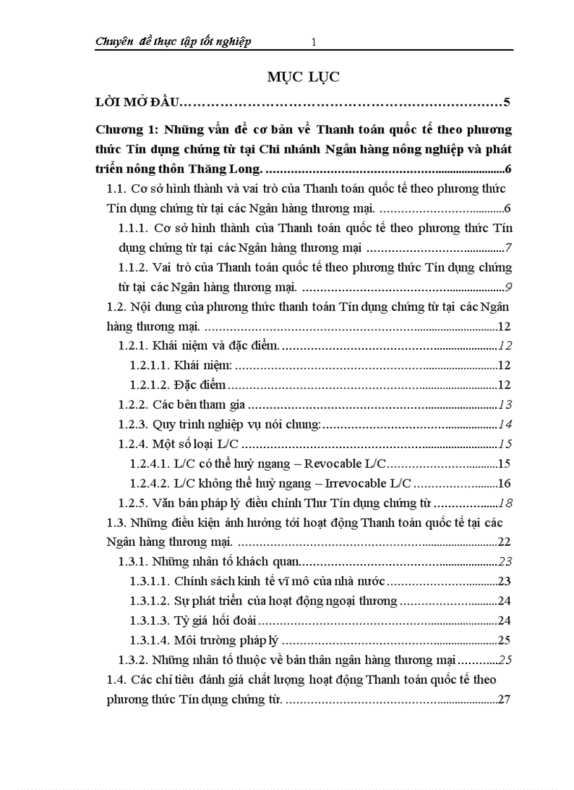 Một số biện pháp nhằm nâng cao chất lượng hoạt động thanh toán quốc tế theo phương thức tín dụng chứng từ tại Chi nhánh Ngân hàng nông nghiệp và phát triển nông thôn Thăng Long