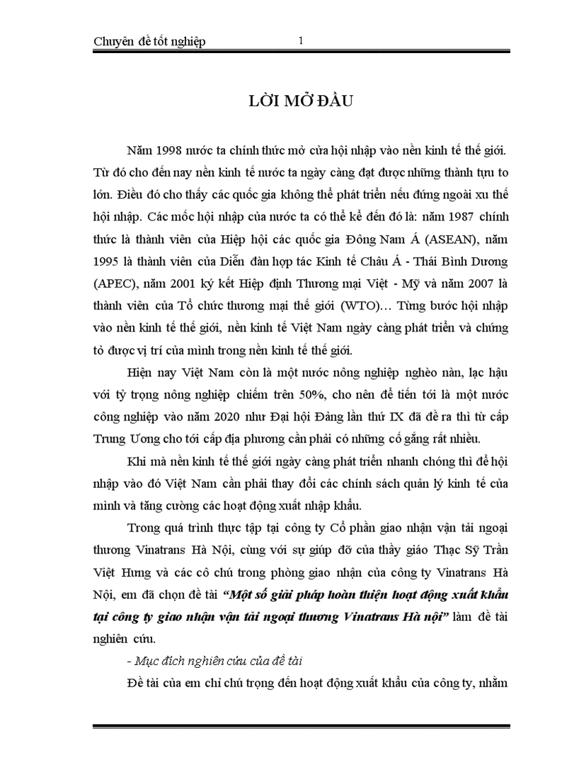 Một số giải pháp hoàn thiện hoạt động xuất khẩu tại Công ty Giao nhận vận tải Ngoại thương Vinatrans Hà Nội