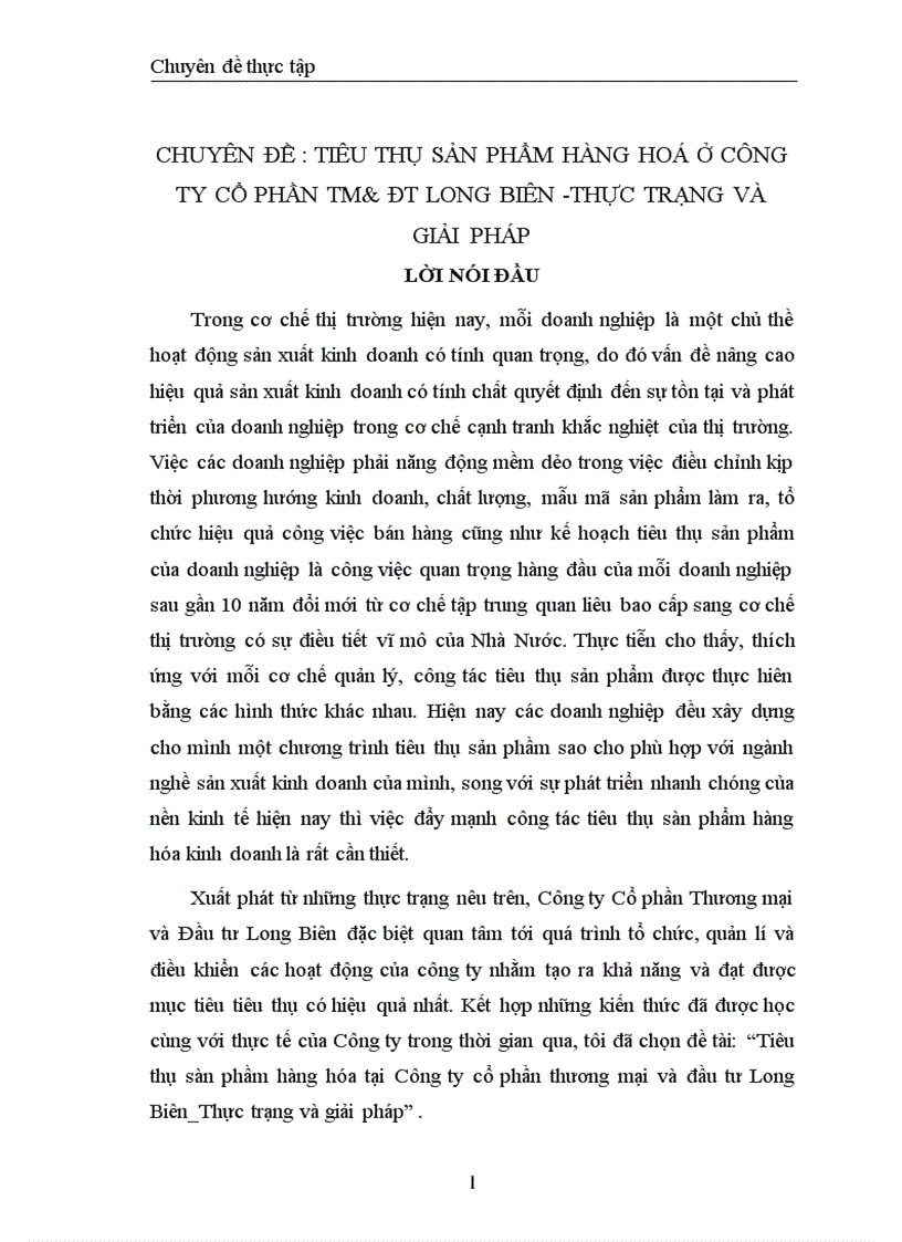 Tiêu thụ sản phẩm hàng hóa ở Công ty Cổ phần Thương mại và Đầu tư Long Biên - Thực trạng và giải pháp