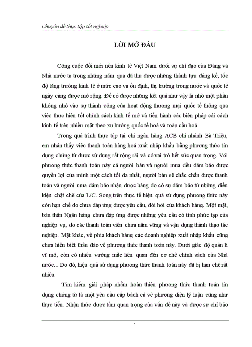 Một số giải pháp nhằm hoàn thiện phương thức thanh toán tín dụng chứng từ tại Chi nhánh ngân hàng ACB