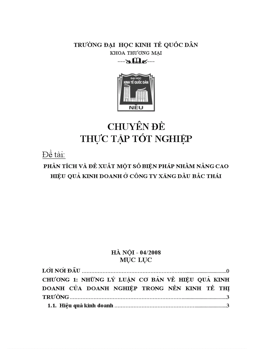Phân tích và đề xuất một số biện pháp nhằm nâng cao hiệu quả kinh doanh ở Công ty Xăng dầu Bắc Thái