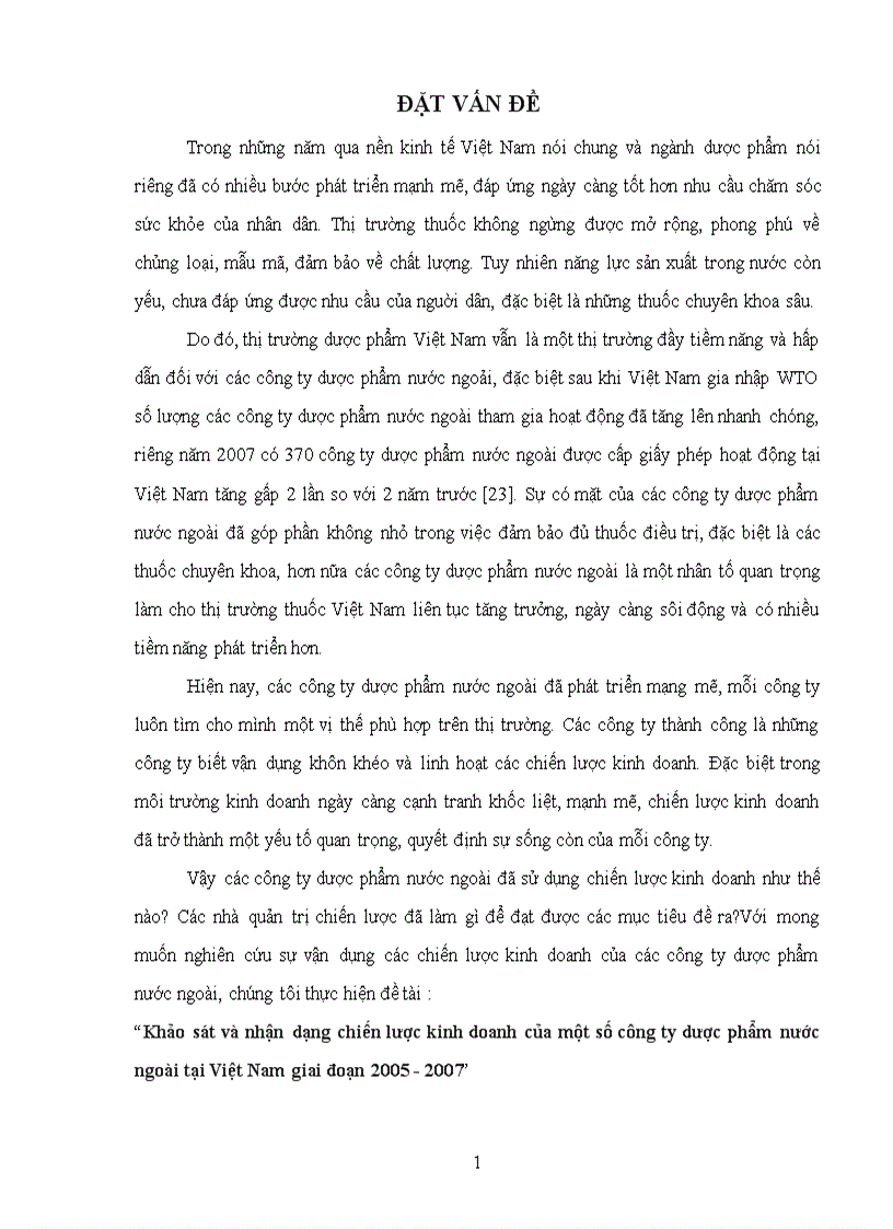 Khảo sát và nhận dạng chiến lược kinh doanh của một số công ty Dược phẩm nước ngoài tại Việt Nam giai đoạn 2005 - 2007