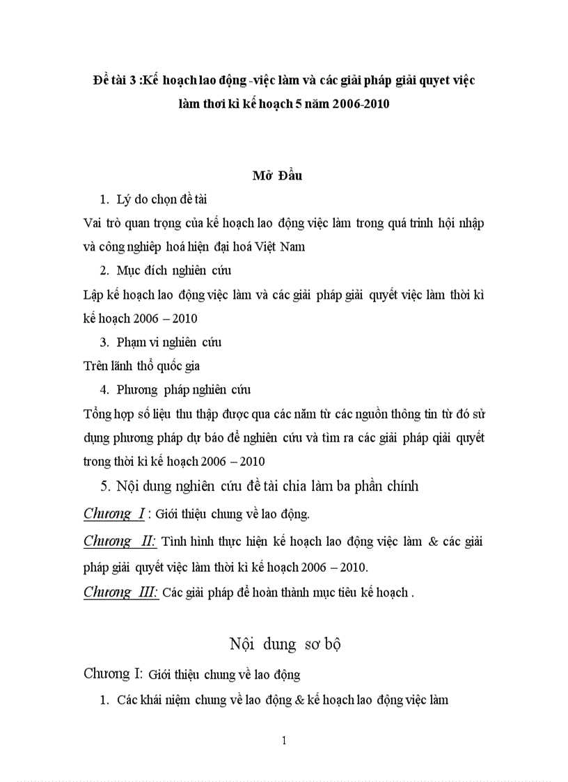 Kế hoạch lao động việc làm và các giải pháp giải quyết việc làm thời kỳ kế hoạch năm năm 2006 - 2010