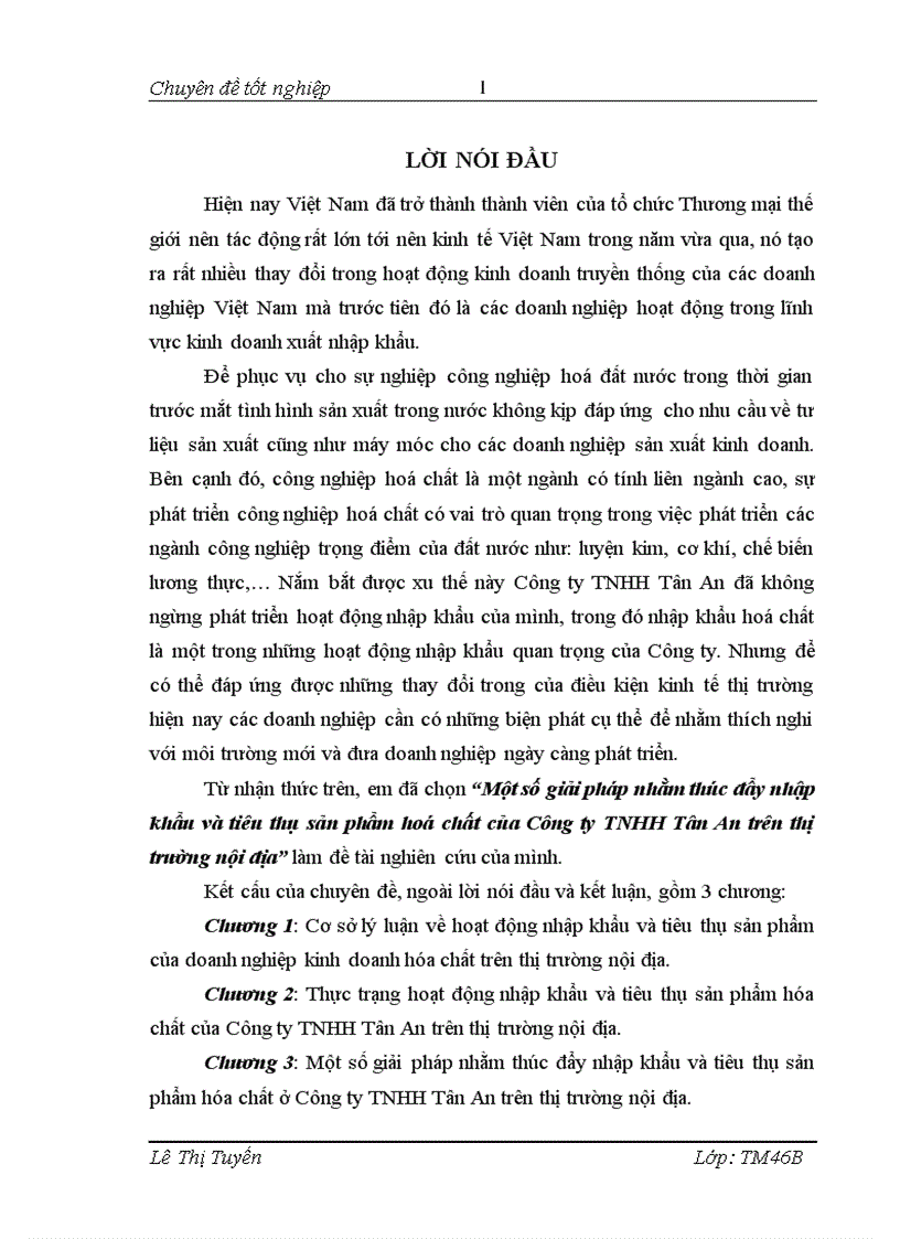 Một số giải pháp nhằm thúc đẩy nhập khẩu và tiêu thụ sản phẩm hóa chất của Công ty TNHH Tân An trên thị trường nội địa