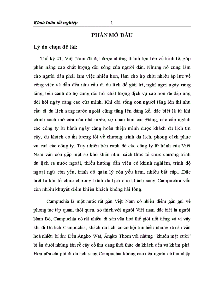 Một số giải pháp nhằm hoàn thiện chất lượng chương trình du lịch sang Campuchia cho đối tượng khách là người Việt Nam tại Công ty TNHH đường tới Việt Nam
