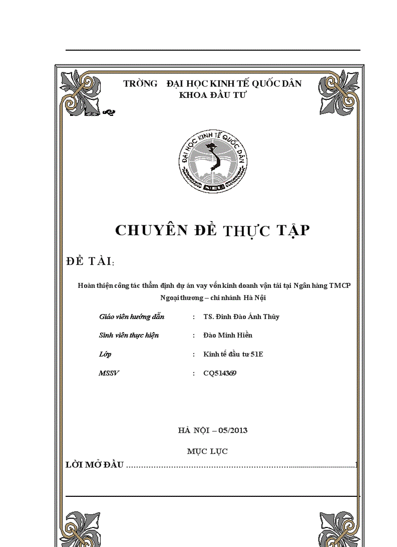 Hoàn thiện công tác thẩm định dự án vay vốn kinh doanh vận tải tại Ngân hàng TMCP Ngoại thương – chi nhánh Hà Nội