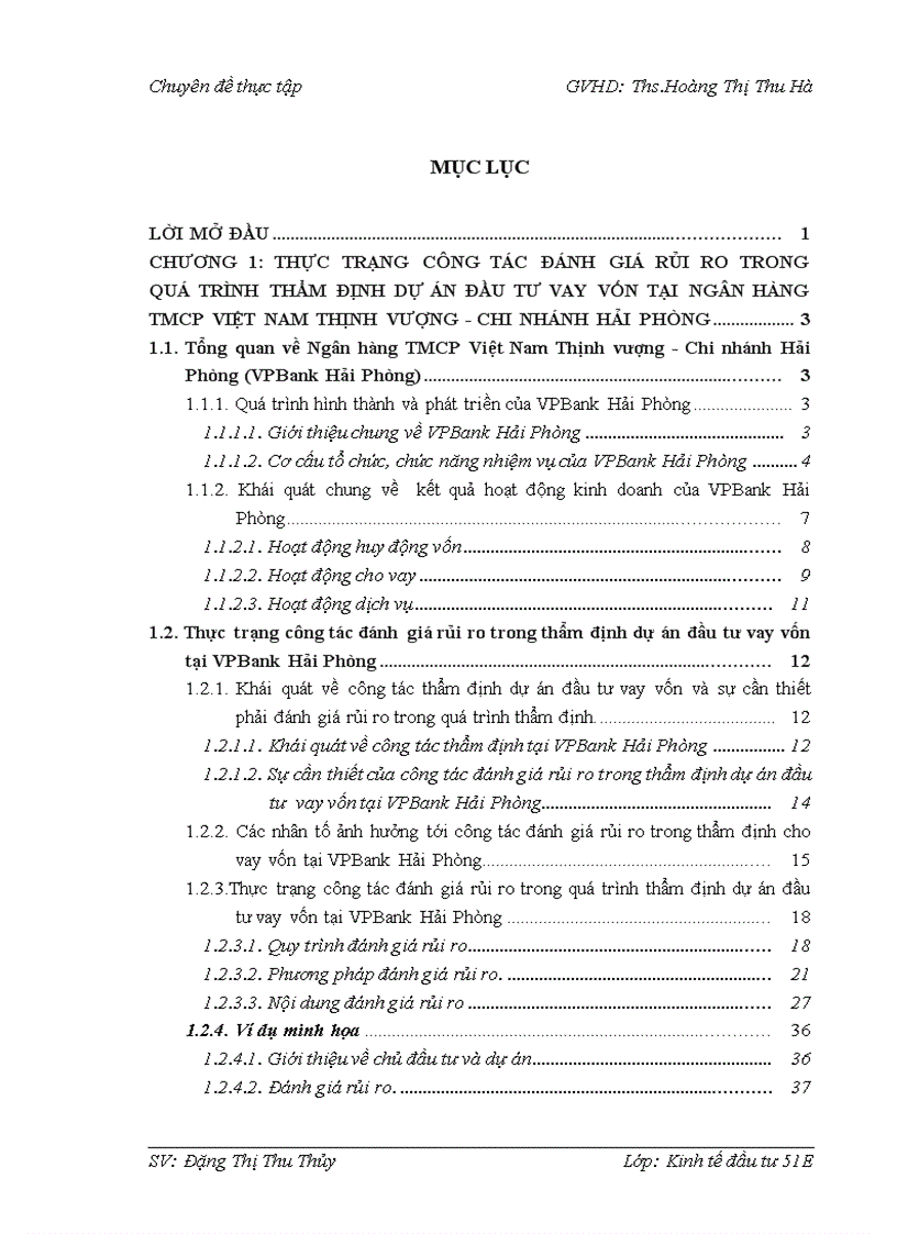 Công tác đánh giá rủi ro trong quá trình thấm định dự án đầu tư vay vốn tại Ngân hàng TMCP Việt Nam Thịnh vượng - Chi nhánh Hải Phòng