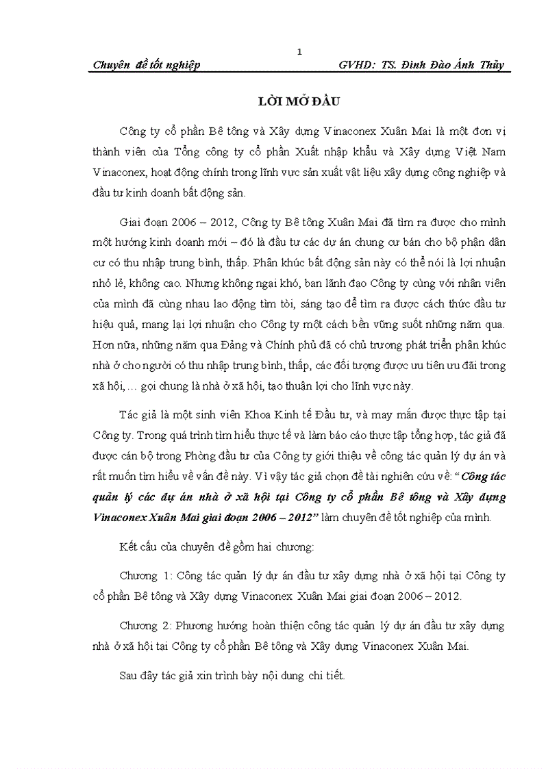 Công tác quản lý các dự án nhà ở xã hội tại Công ty cổ phần Bê tông và Xây dựng Vinaconex Xuân Mai giai đoạn 2006 – 2012