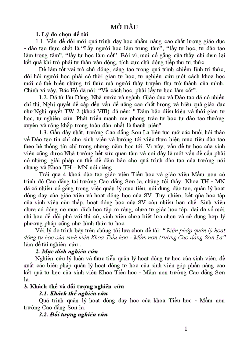 Biện pháp quản lý hoạt động tự học của sinh viên Khoa Tiểu học Mầm non trường Cao đẳng Sơn La 1