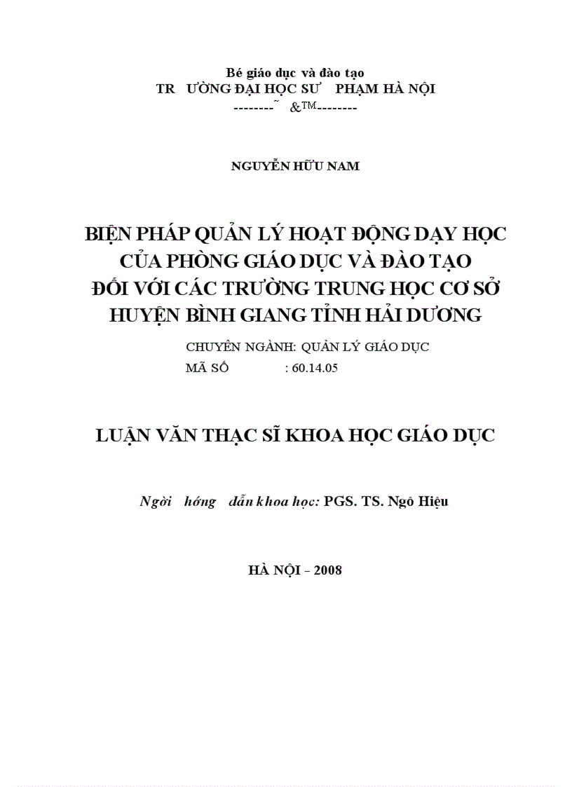 Luận văn về Biện pháp quản lý hoạt động dạy học của phòng giáo dục và đào tạo đối với các trường trung học cơ sở huyện Bình Giang tỉnh Hải Dương