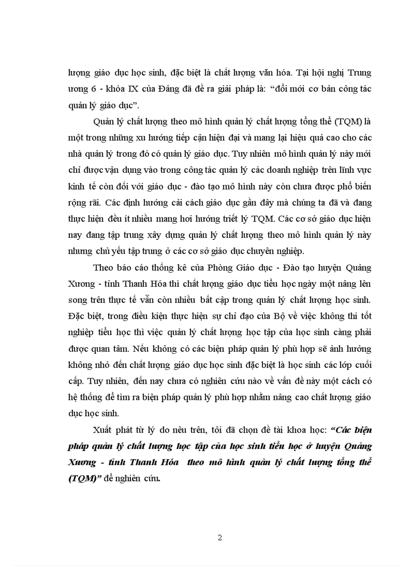 Các biện pháp quản lý chất lượng học tập của học sinh tiểu học ở huyện Quảng Xương tỉnh Thanh Hóa theo mô hình quản lý chất lượng tổng thể TQM 1