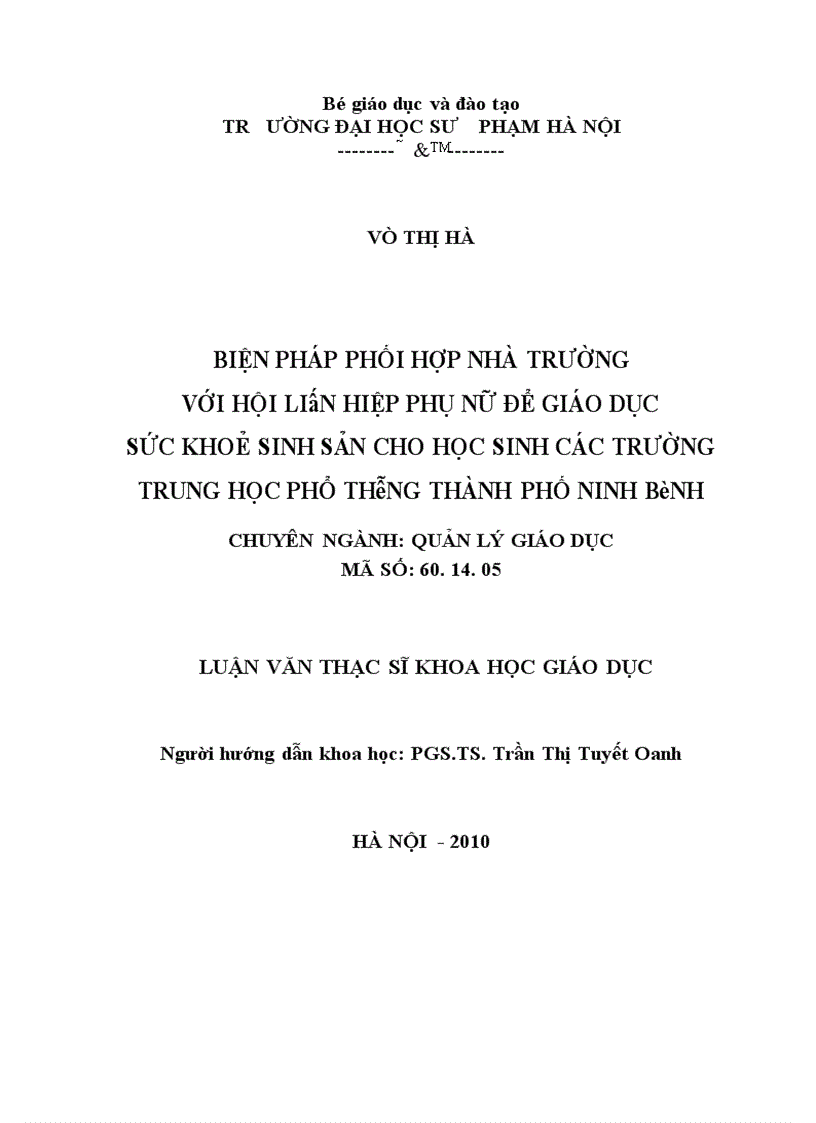 Luận văn về Biện pháp phối hợp nhà trường với hội liên hiệp phụ nữ để giáo dục sức khoẻ sinh sản cho học sinh các trường trung học phổ thông thành phố Ninh Bình