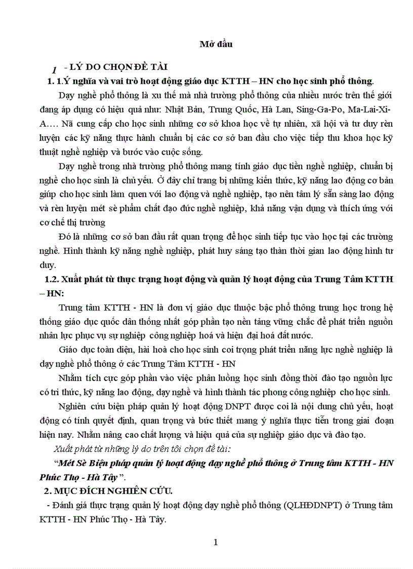 Luận văn về Một số biện pháp quản lý hoạt động dạy nghề phổ thông ở Trung tâm KTTH HN Phúc Thọ Hà Tây