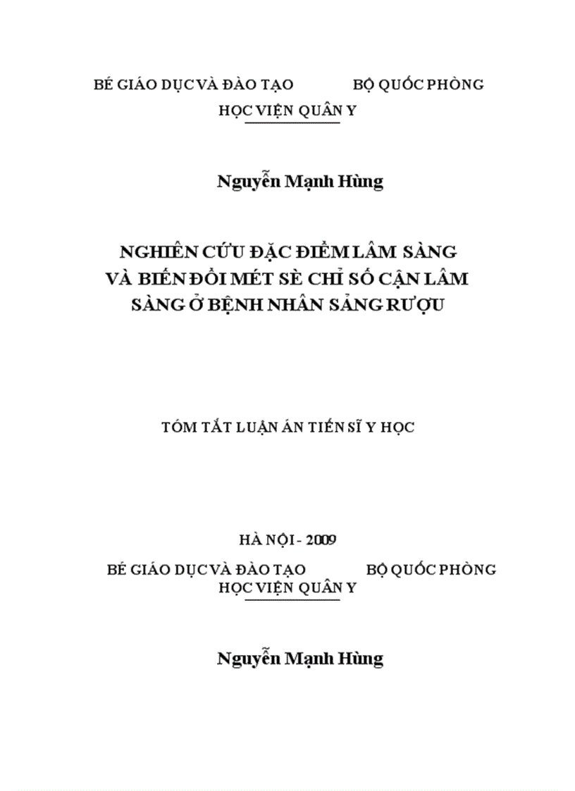 Nghiên cứu đặc điểm lâm sàng và biến đổi một số chỉ số cận lâm sàng ở bệnh nhân sảng rượu 1