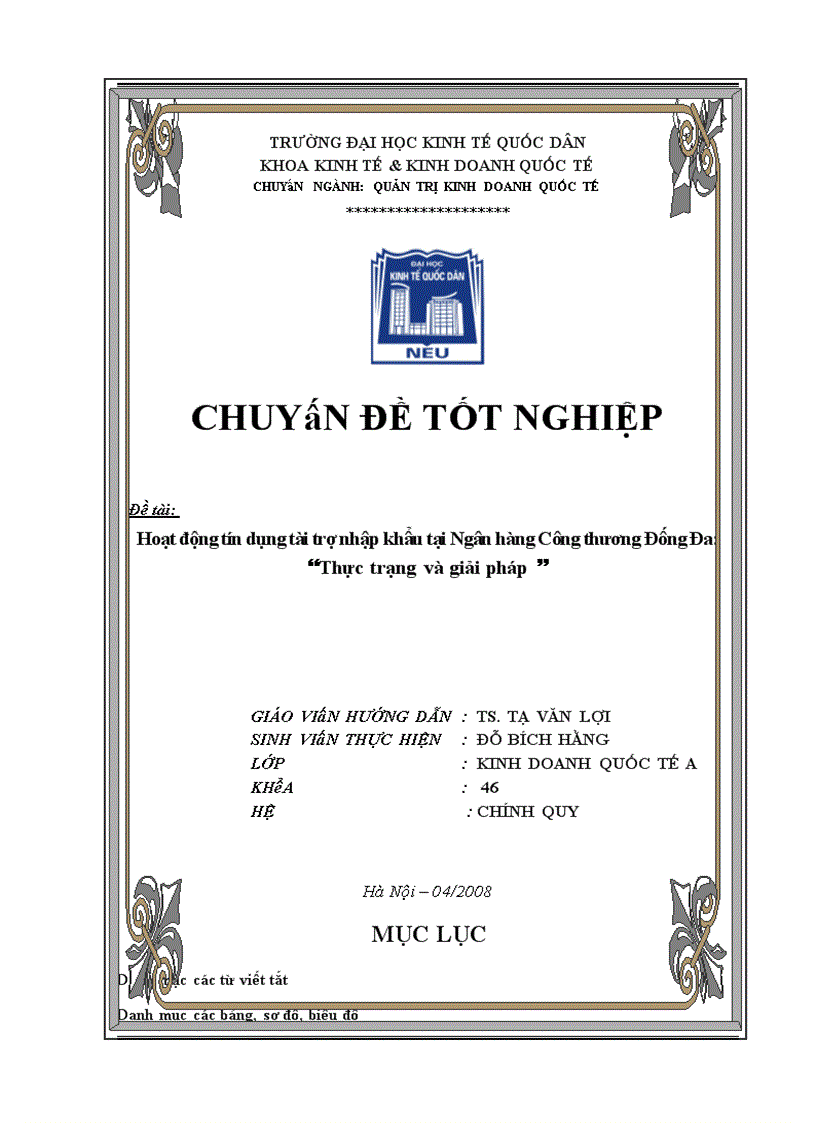 Hoạt động tín dụng tài trợ nhập khẩu tại Ngân hàng Công thương Đống Đa Thực trạng và giải pháp