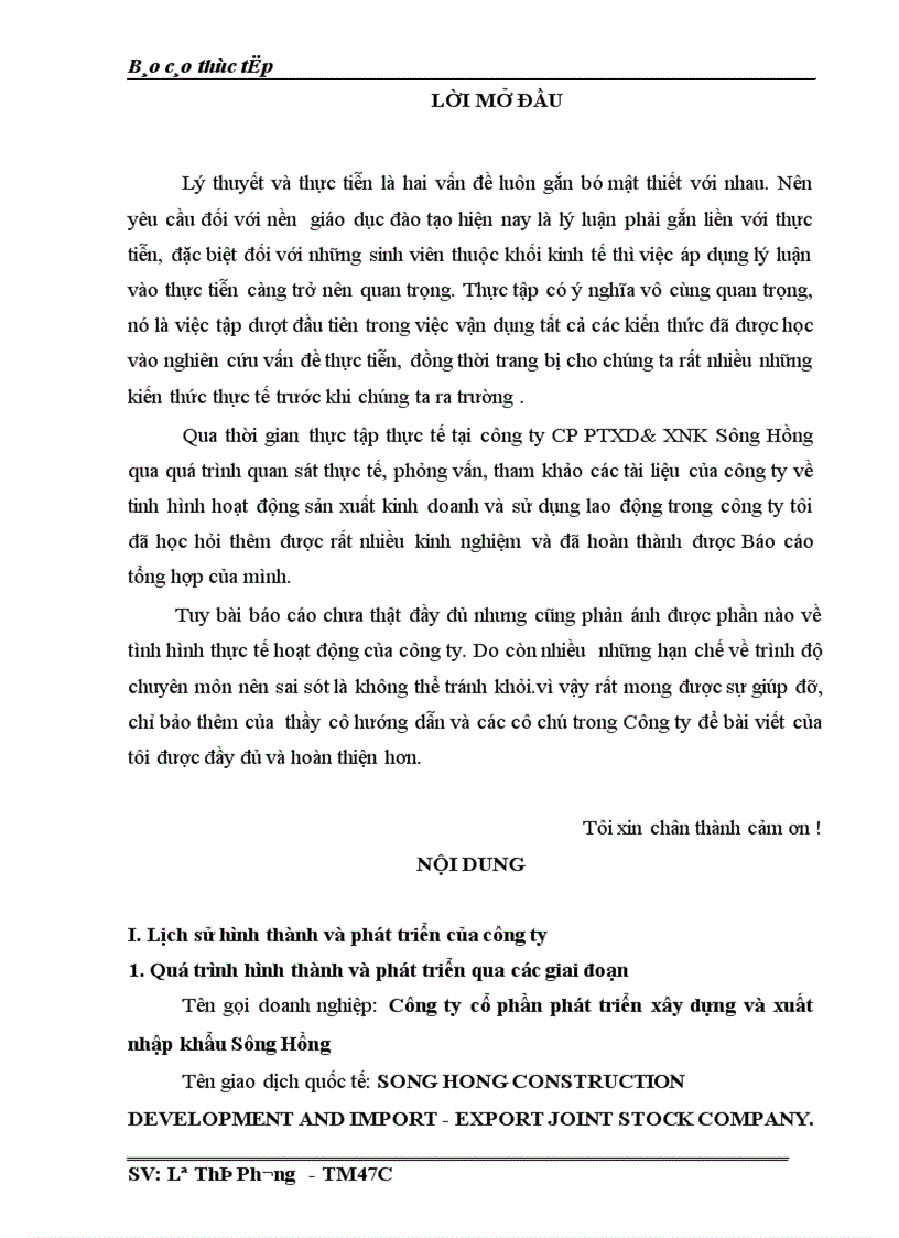Báo cáo thực tập tại Công ty cổ phần phát triển xây dựng và xuất nhập khẩu Sông Hồng