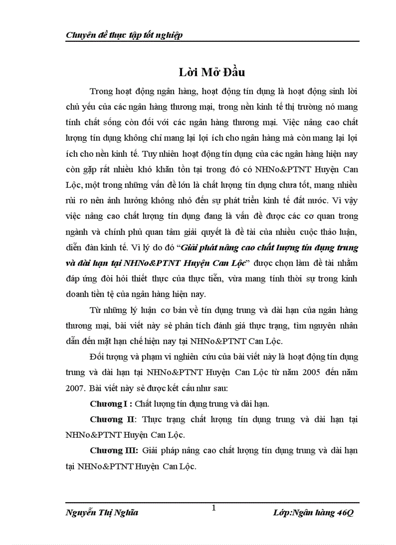 Giải pháp nâng cao chất lượng tín dụng trung và dài hạn tại NHNo&PTNT Huyện Can Lộc.