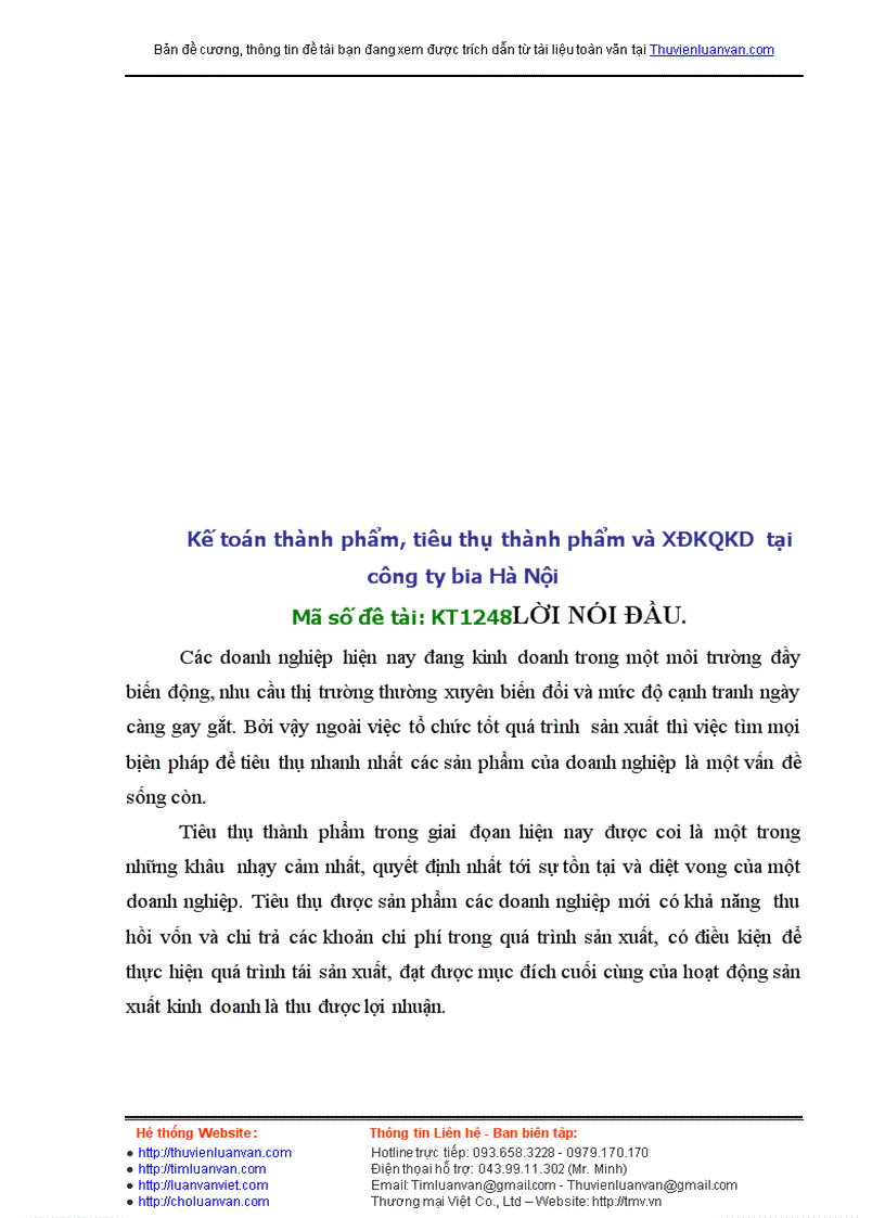 Công tác kế toán thành phẩm, tiêu thụ thành phẩm và XĐKQKD tại công ty bia Hà Nội
