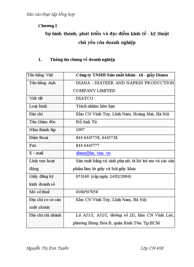 Báo thực tập tổng hợp Công ty TNHH Sản xuất khăn tã giấy Diana