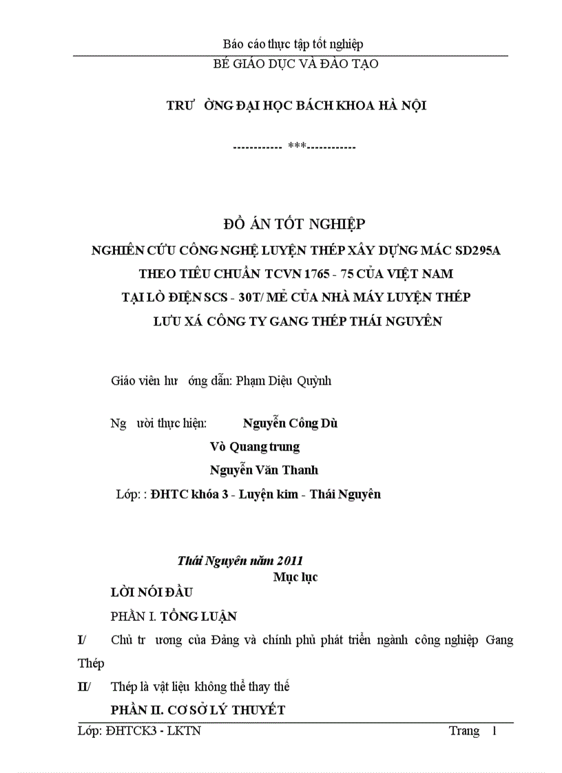 Nghiên cứu công nghệ luyện thép xây dựng mác SD295A Theo tiêu chuẩn tcvn 1765 75 của việt nam 1