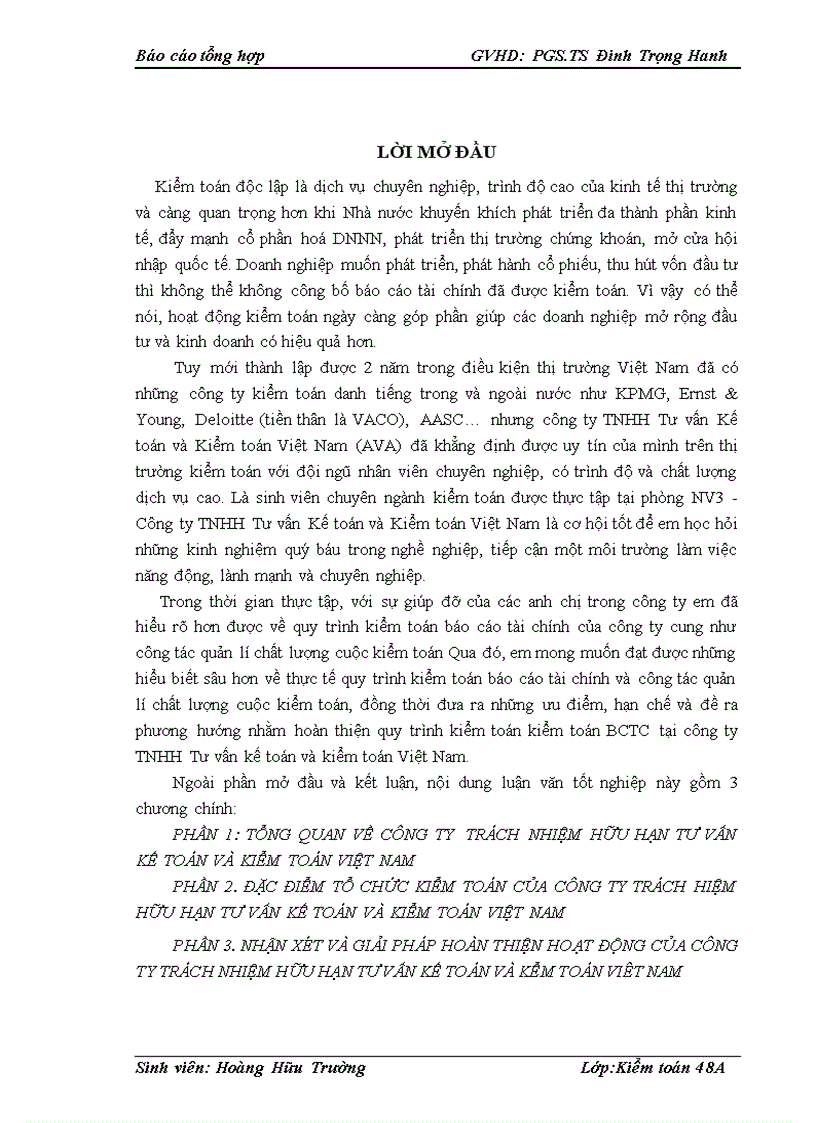Đặc điểm tổ chức kiểm toán của công ty trách hiệm hữu hạn tư vấn kế toán và kiểm toán VIỆT NAM