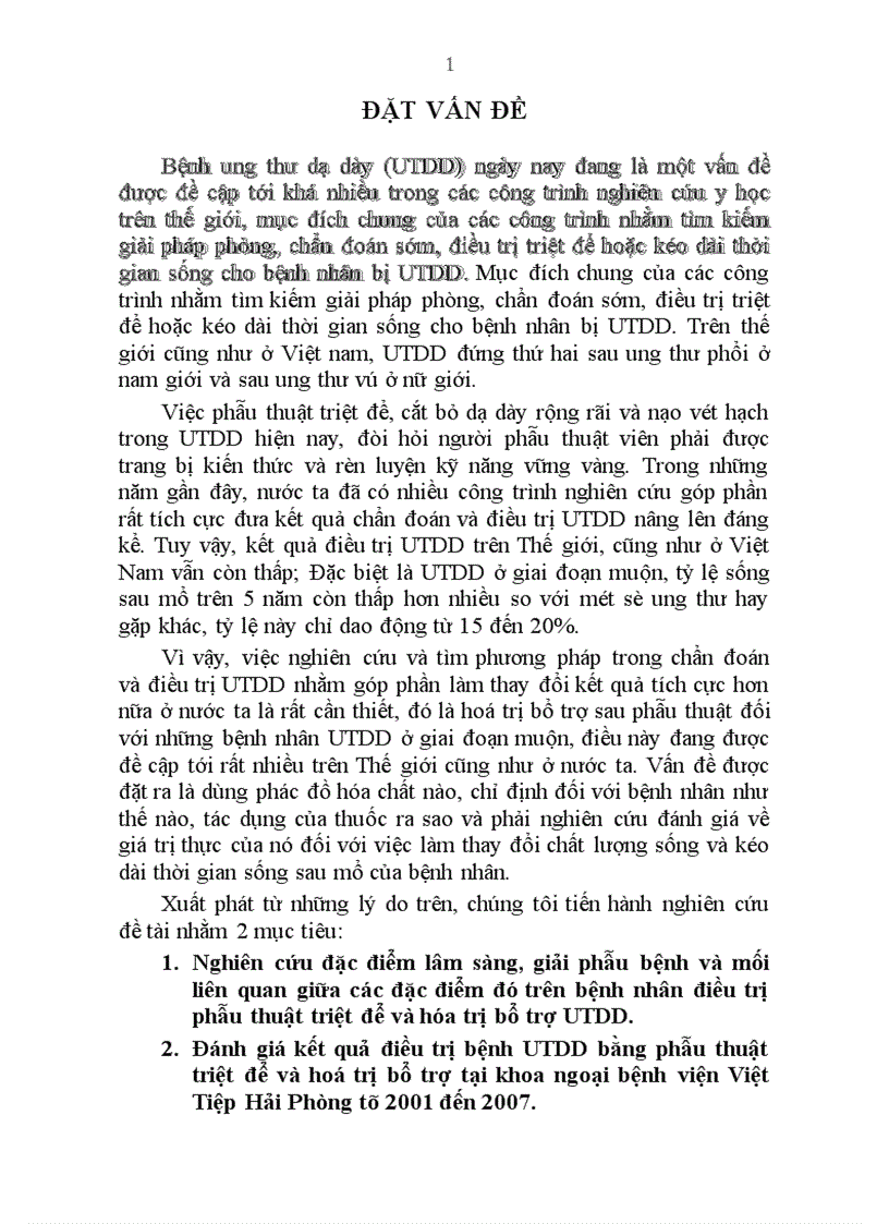 Đánh giá kết quả điều trị bệnh UTDD bằng phẫu thuật triệt để và hoá trị bổ trợ tại khoa ngoại bệnh viện Việt Tiệp Hải Phòng từ 2001 đến 2007