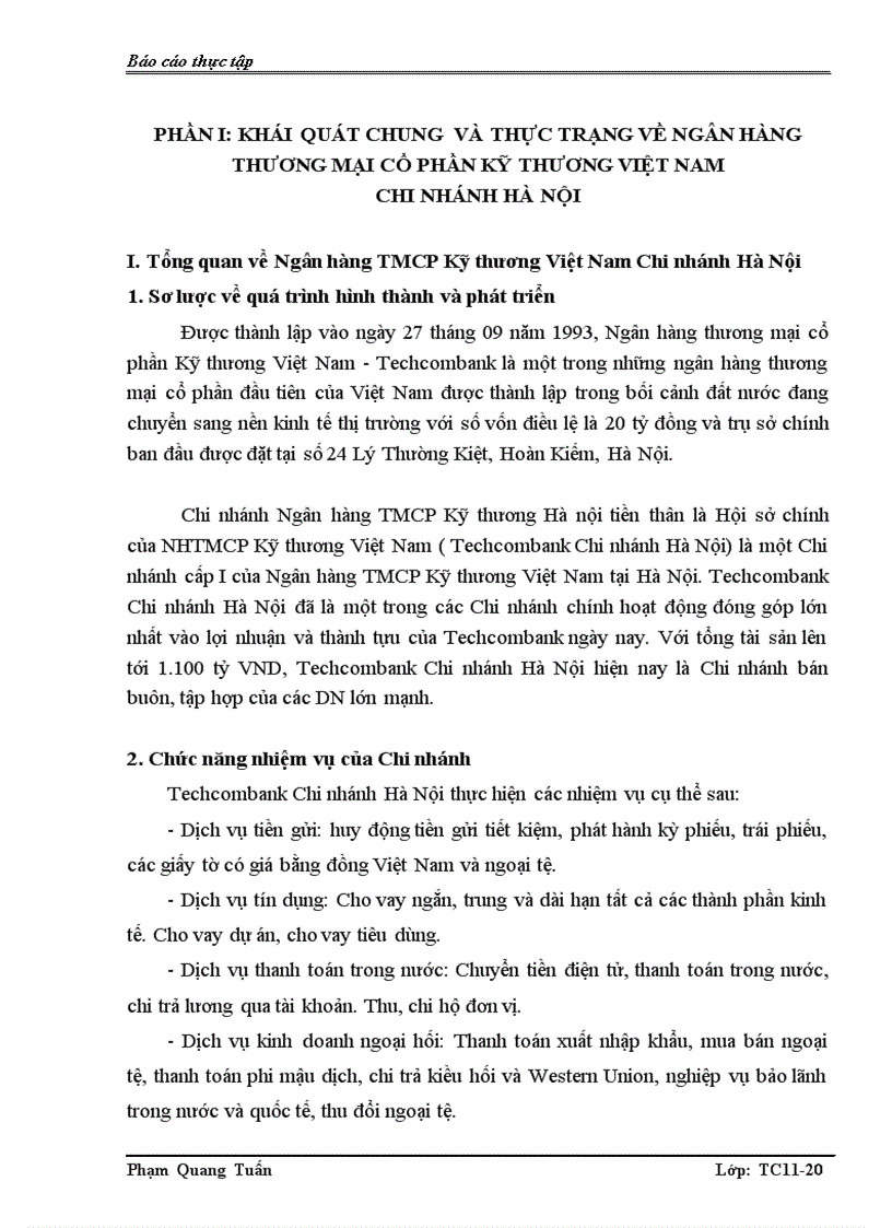 Tổng quan và Thực trạng hoạt động kinh doanh của Ngân hàng TMCP Kỹ thương Việt Nam Chi nhánh Hà Nội