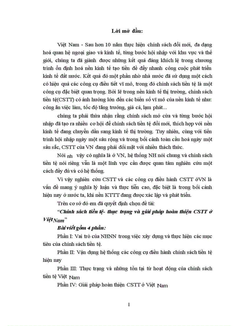 Chính sách tiền tệ thực trạng và giải pháp hoàn thiện CSTT ở Việt Nam 1