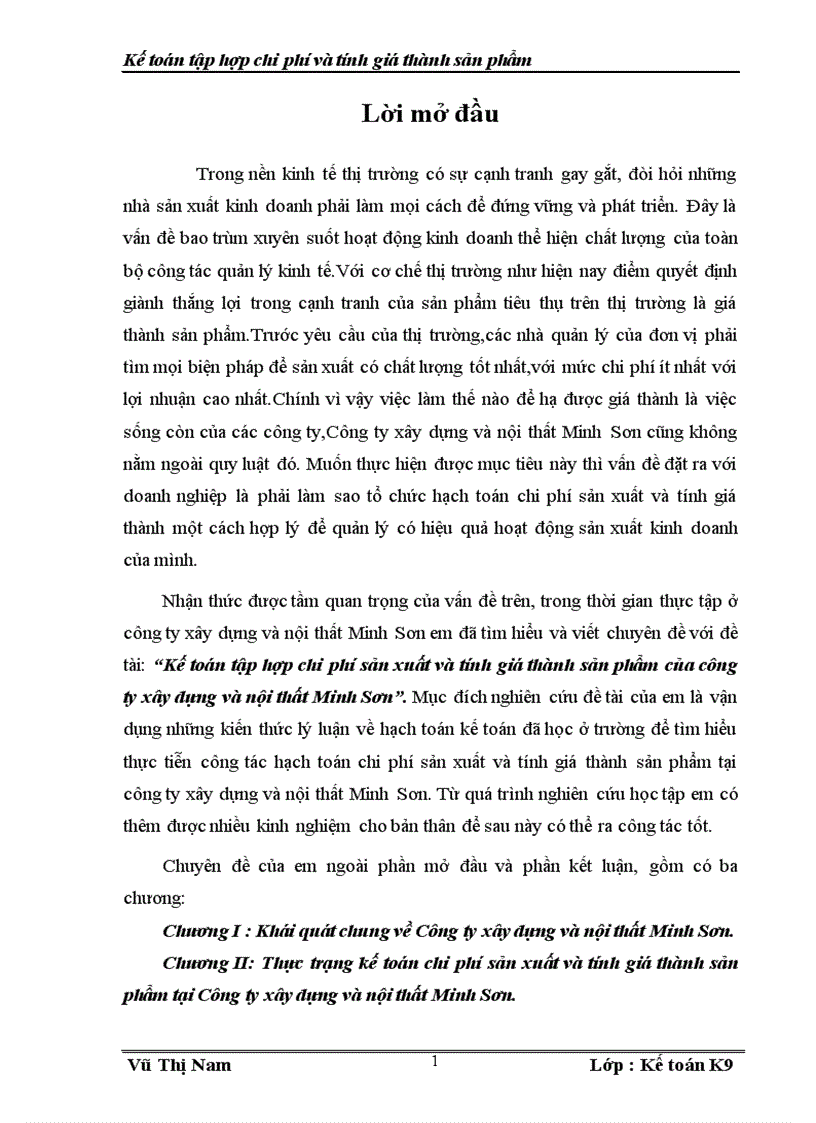 Kế toán tập hợp chi phí sản xuất và tính giá thành sản phẩm tại Công ty xây dựng và nội thất Minh Sơn