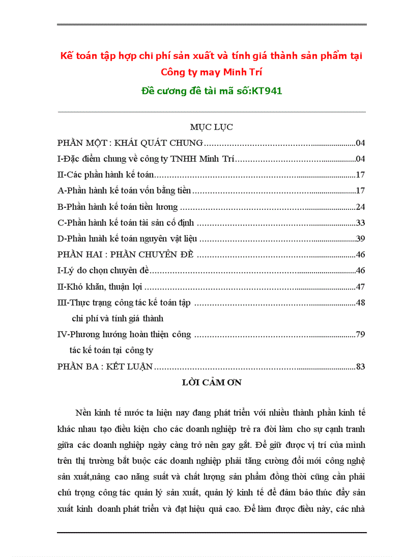 Kế toán tập hợp chi phí sản xuất và tính giá thành sản phẩm tại Công ty may Minh Trí