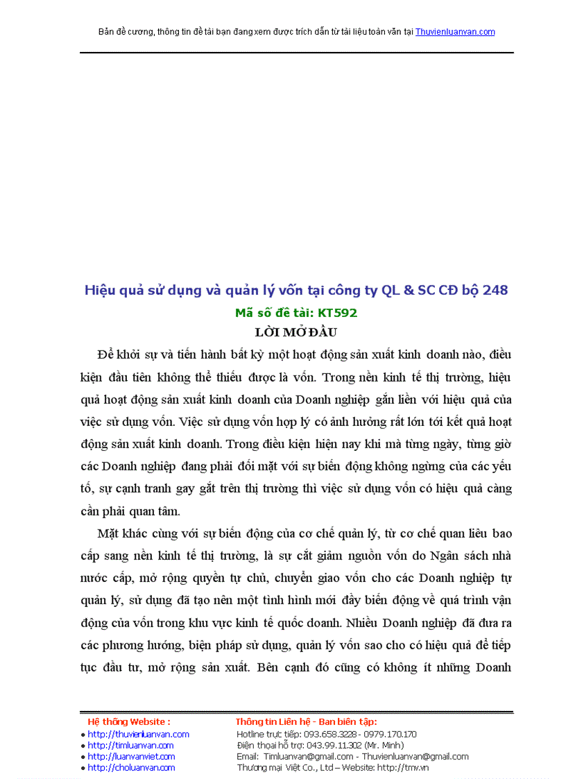 Hiệu quả sử dụng và quản lý vốn tại công ty QL & SC CĐ bộ 248