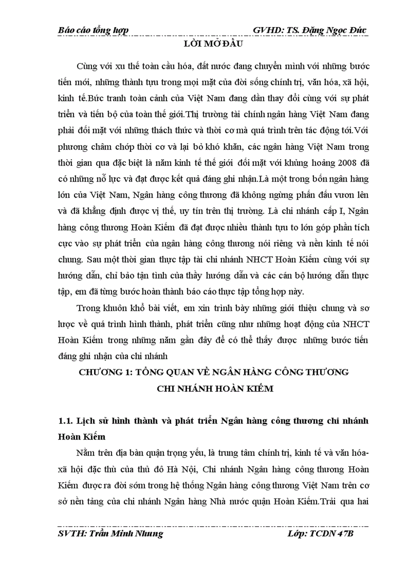 Báo cáo thực tập tại Ngân hàng công thương chi nhánh Hoàn Kiếm
