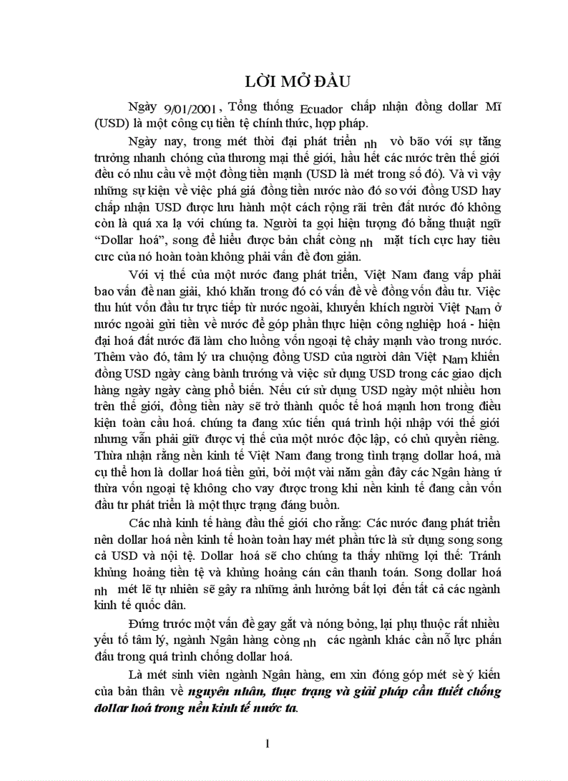 nguyên nhân thực trạng và giải pháp cần thiết chống dollar hoá trong nền kinh tế nước ta
