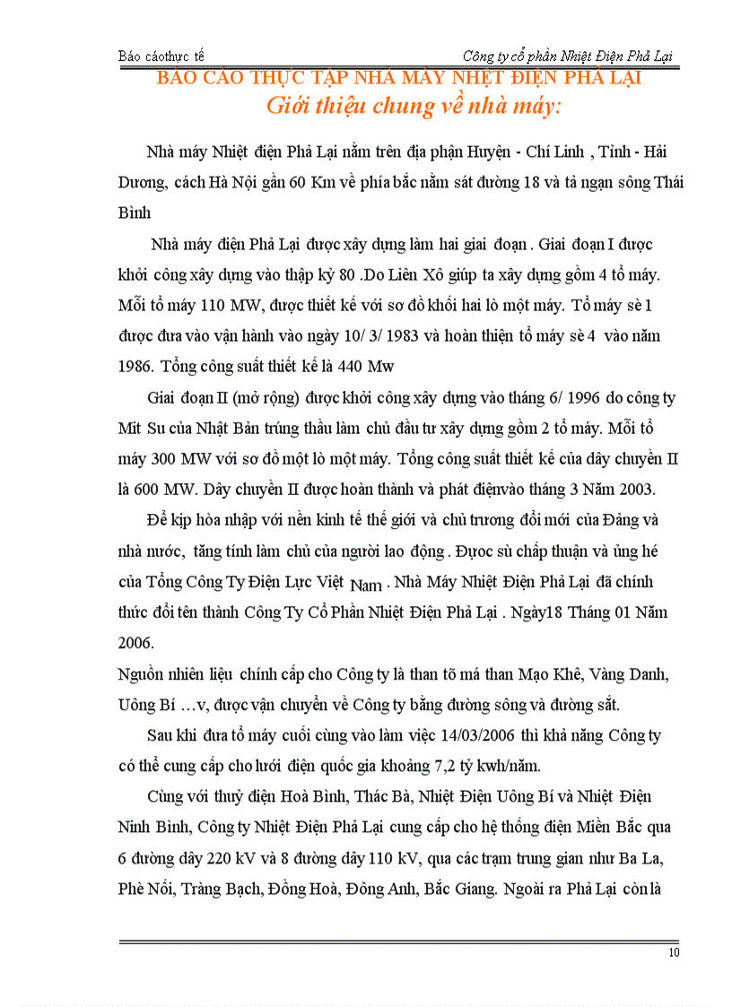 Báo cáo thực tập tổng hợp tại Công ty cổ phần Nhiệt Điện Phả Lại