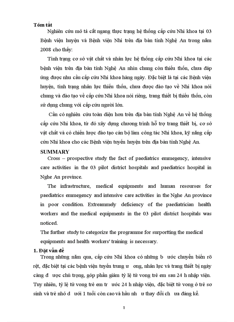 Khảo sát thực trạng hệ thống cấp cứu Nhi khoa tại một số Bệnh viện huyện và Bệnh viện Nhi trên địa bàn tỉnh Nghệ An