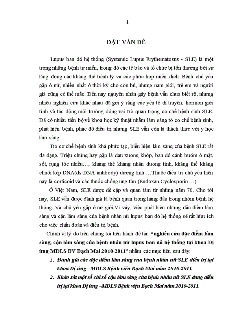 Nghiên cứu đặc điểm lâm sàng cận lâm sàng của bệnh nhân nữ lupus ban đỏ hệ thống tại khoa Dị ứng MDLS BV Bạch Mai 2010 2011