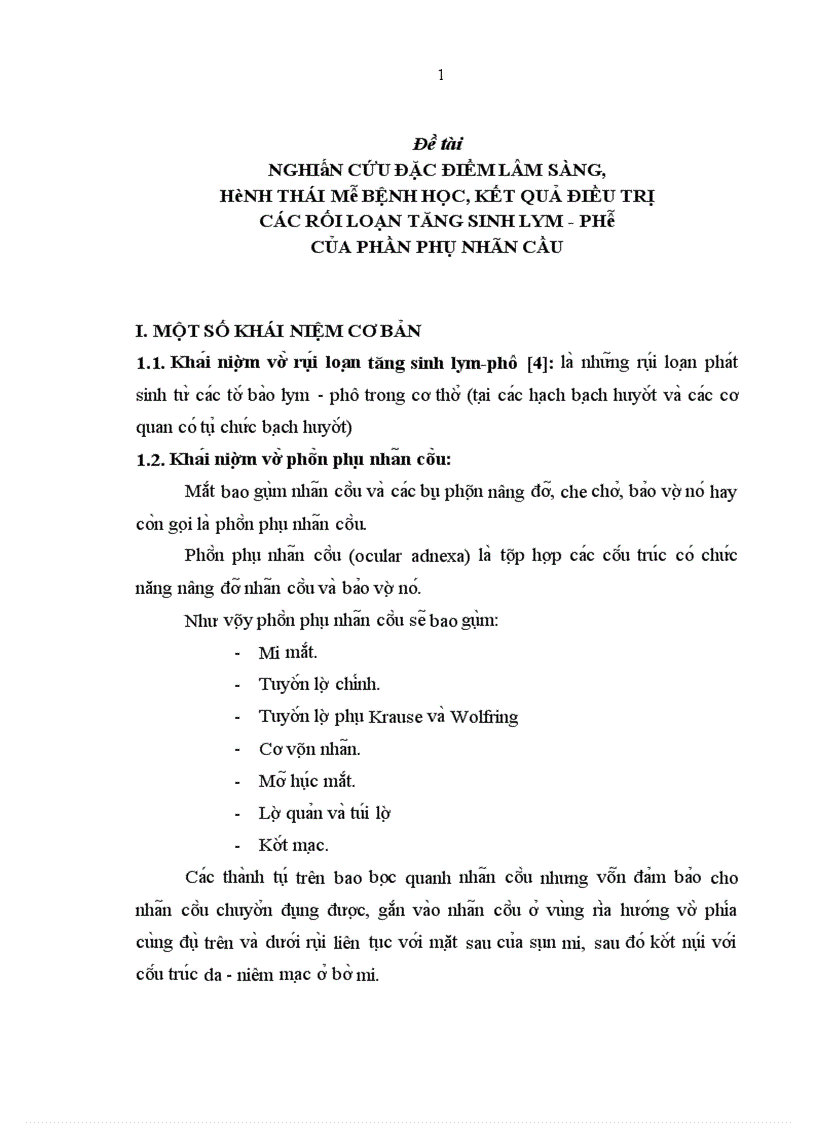 Nghiên cứu đặc điểm lâm sàng hình thái mô bệnh học kết quả điều trị các rối loạn tăng sinh lym phô của phần phụ nhãn cầu