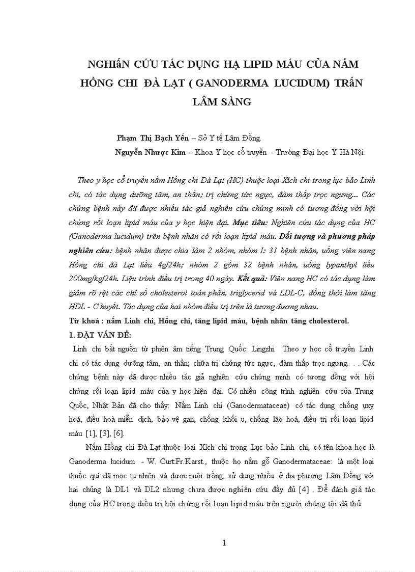 Nghiên cứu tác dụng hạ lipid máu của nấm hồng chi đà lạt ganoderma lucidum trên lâm sàng