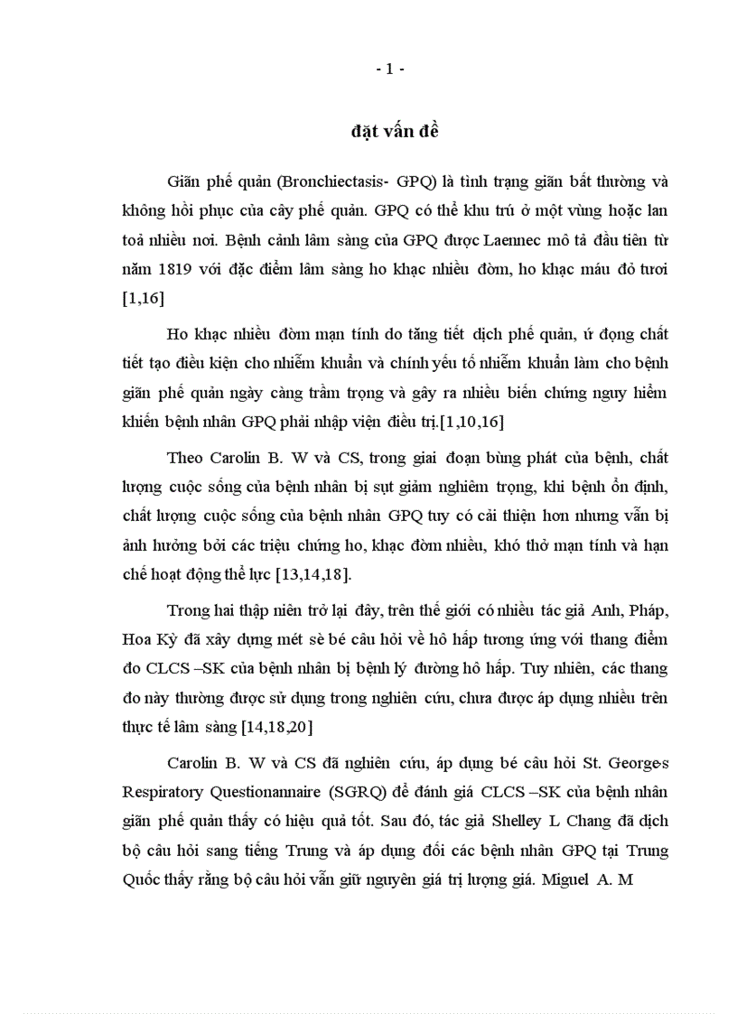 Đo lường chỉ số CLCS SK ở bệnh nhân giãn phế quản điều trị tại khoa Hô hấp Bệnh viện Bạch Mai bằng bộ câu hỏi St George s phiên bản tiếng việt 1